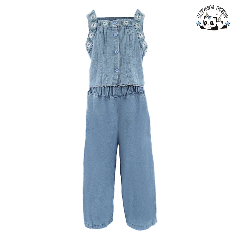 LEZONKIDS - Conjuntos de Roupas de Verão para Meninas Pequenas de Denim Casual com Flores Impressas Personalizadas de Alta Qualidade por Atacado
